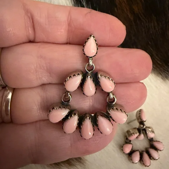 ❤️ Queen Pink Conch Navajo Style Statement 925 Dangle Chandelier Earrings 20.4Gm - Picture 3 of 12